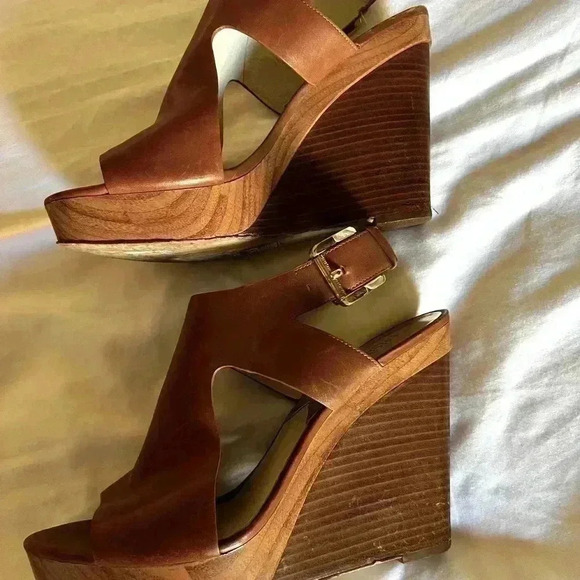 Michael Kors Size 10 Josephine Brown Wedge Sandals Luggage Tan Brown - Picture 3 of 9